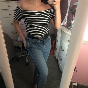 Black and white striped off the shoulder crop top